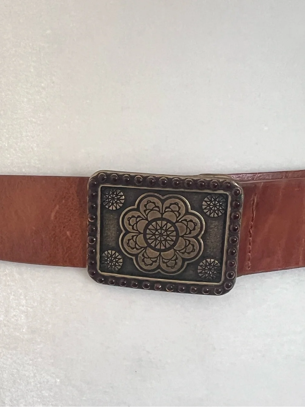 Vintage Cognac Brown Leather Belt with Antiqued Floral Buckle | Boho Western